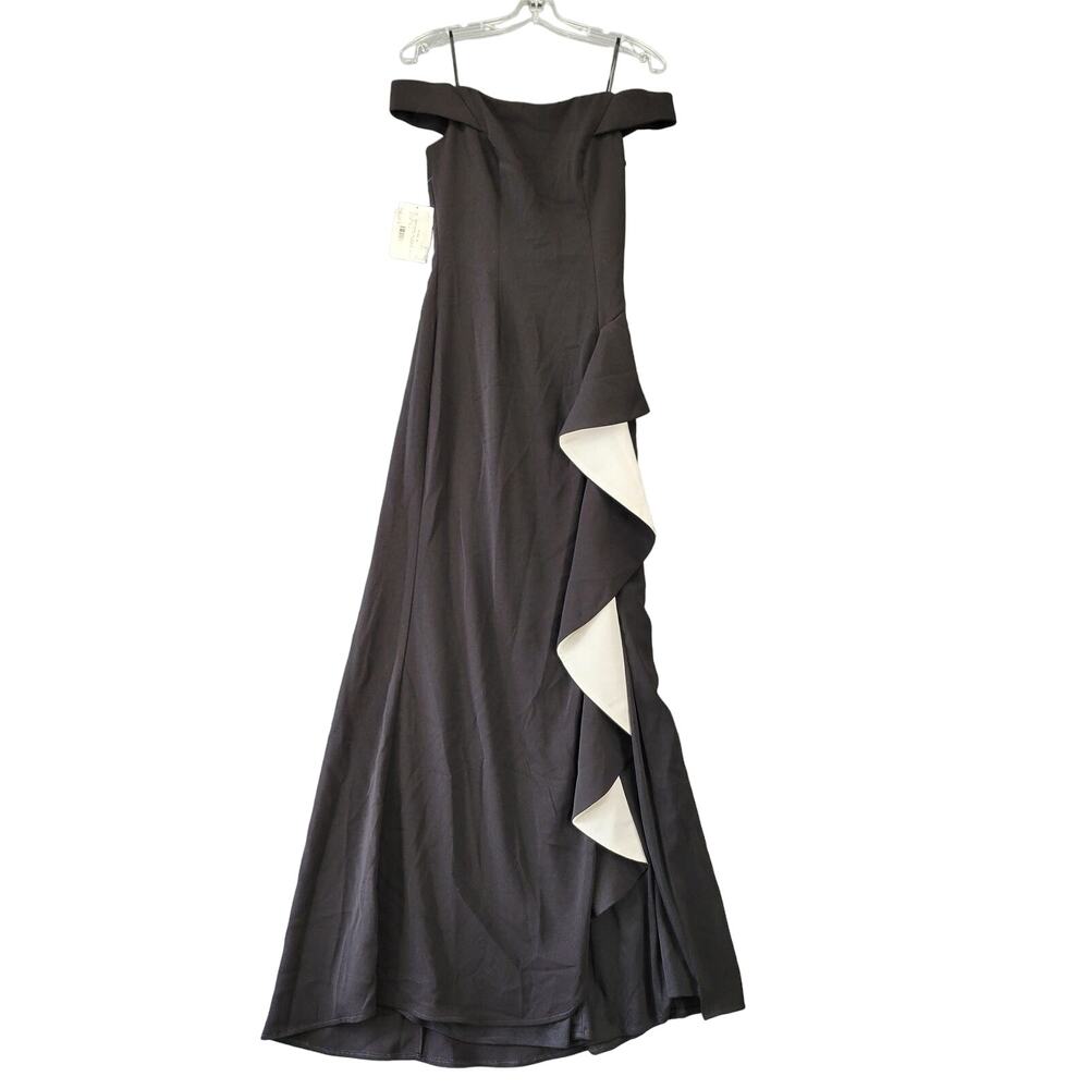 Carmen Marc Valvo Black Formal Maxi Dress NEW $395 Stretch Off Shoulder Womens 4